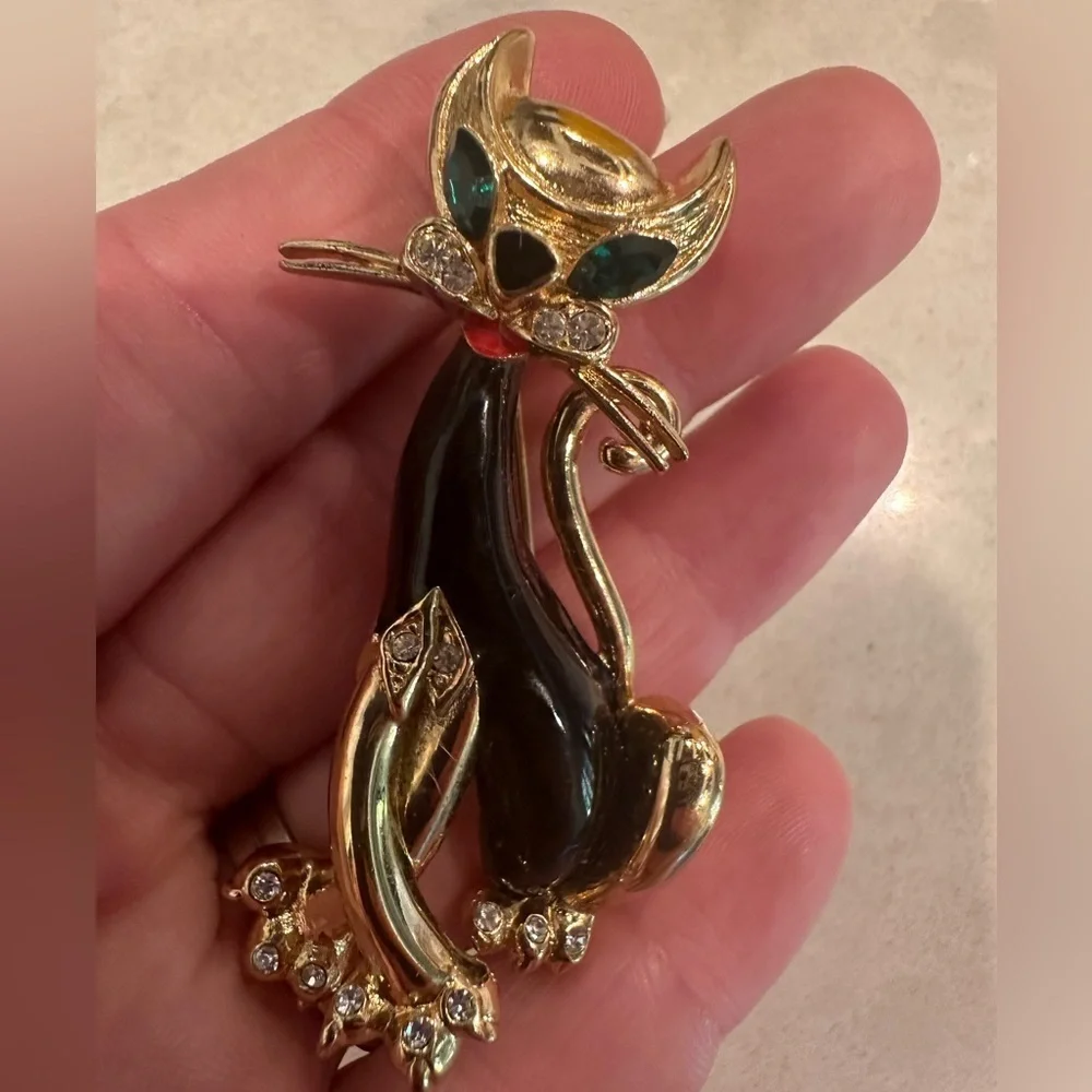 VINTAGE Gonite French 1960s CAT Rhinestone BROOCH PIN EMERALD EYES RETRO Mid-Mod